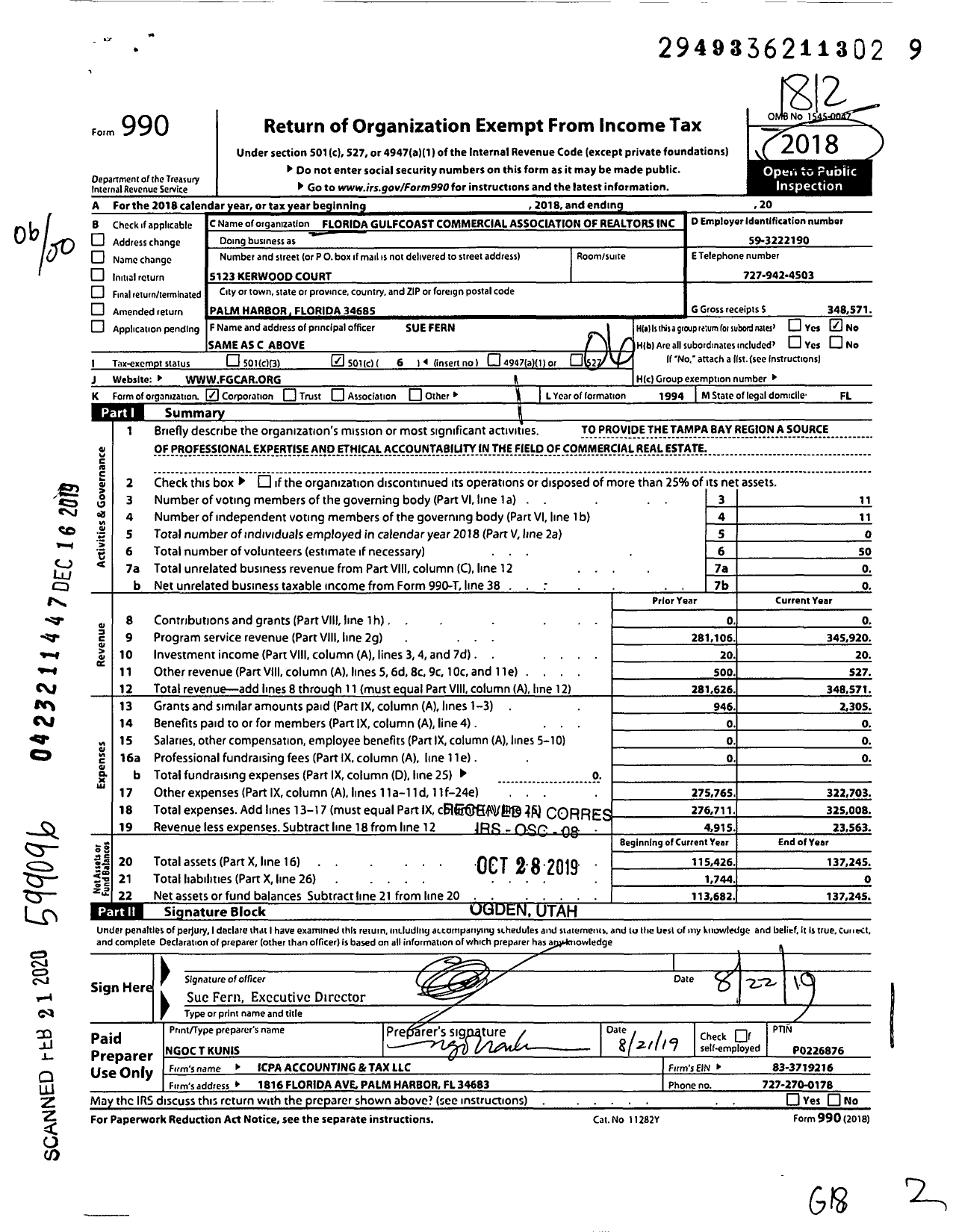 Image of first page of 2018 Form 990O for Florida Gulfcoast Commercial Association of Realtors