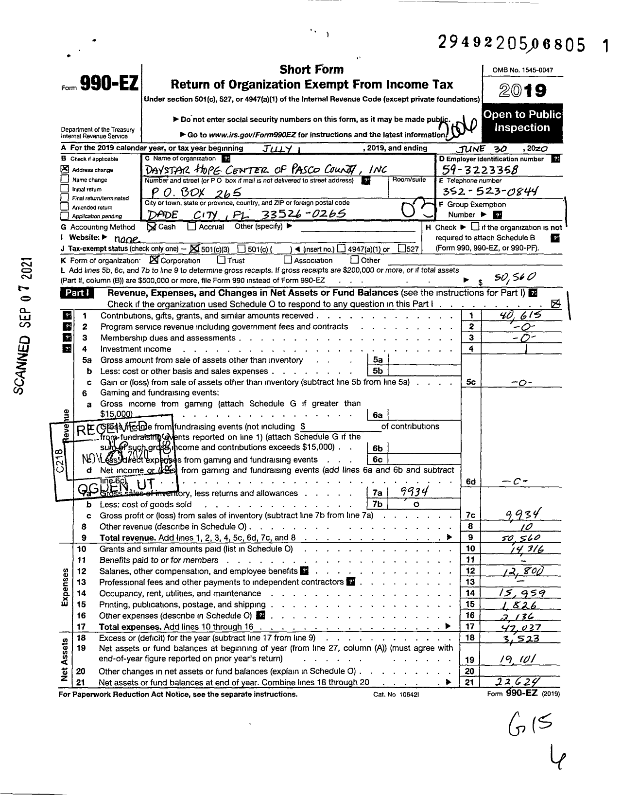 Image of first page of 2019 Form 990EZ for Daystar Hope Center of Pasco County