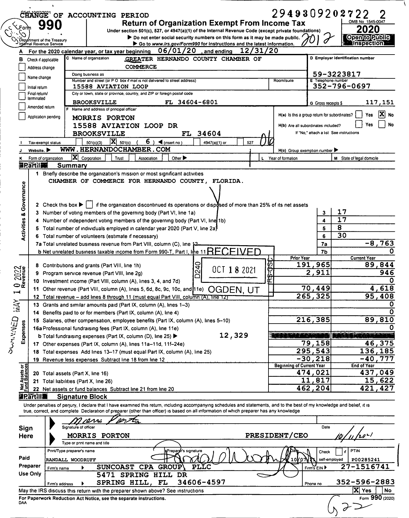 Image of first page of 2020 Form 990O for Greater Hernando County Chamber of Commerce