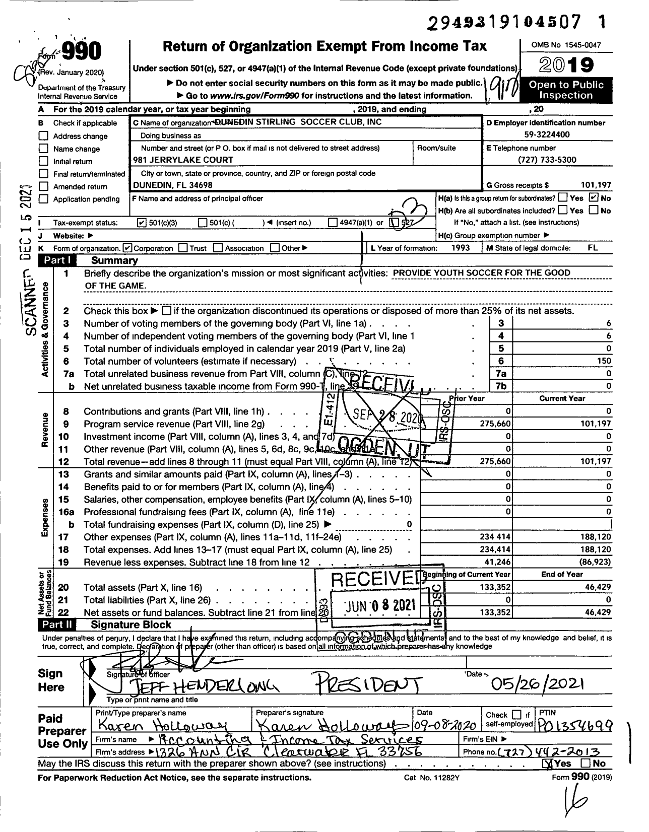 Image of first page of 2019 Form 990 for Dunedin Stirling Soccer Club