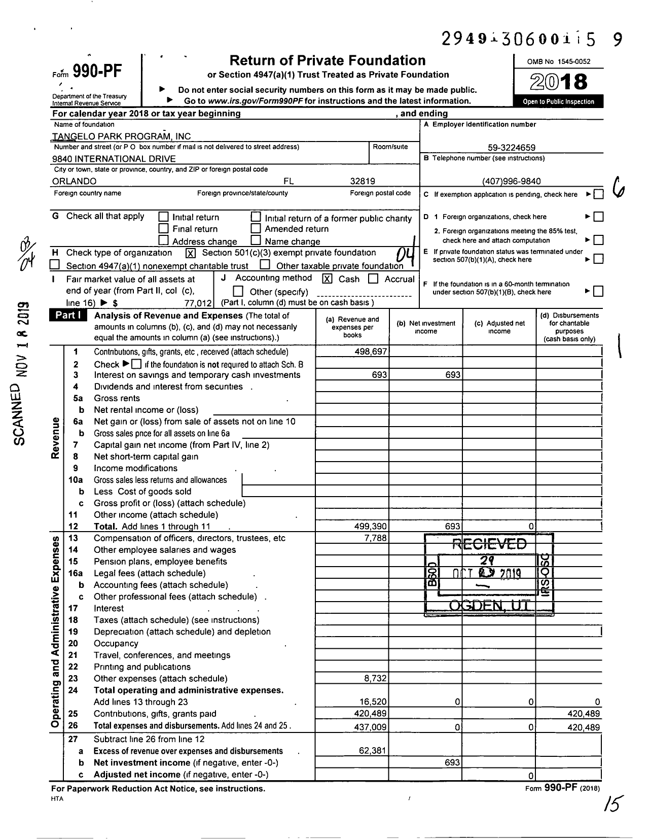 Image of first page of 2018 Form 990PF for Tangelo Park Program