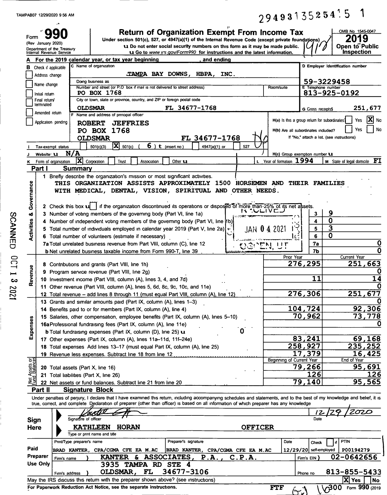 Image of first page of 2019 Form 990O for Tampa Bay Downs Hbpa