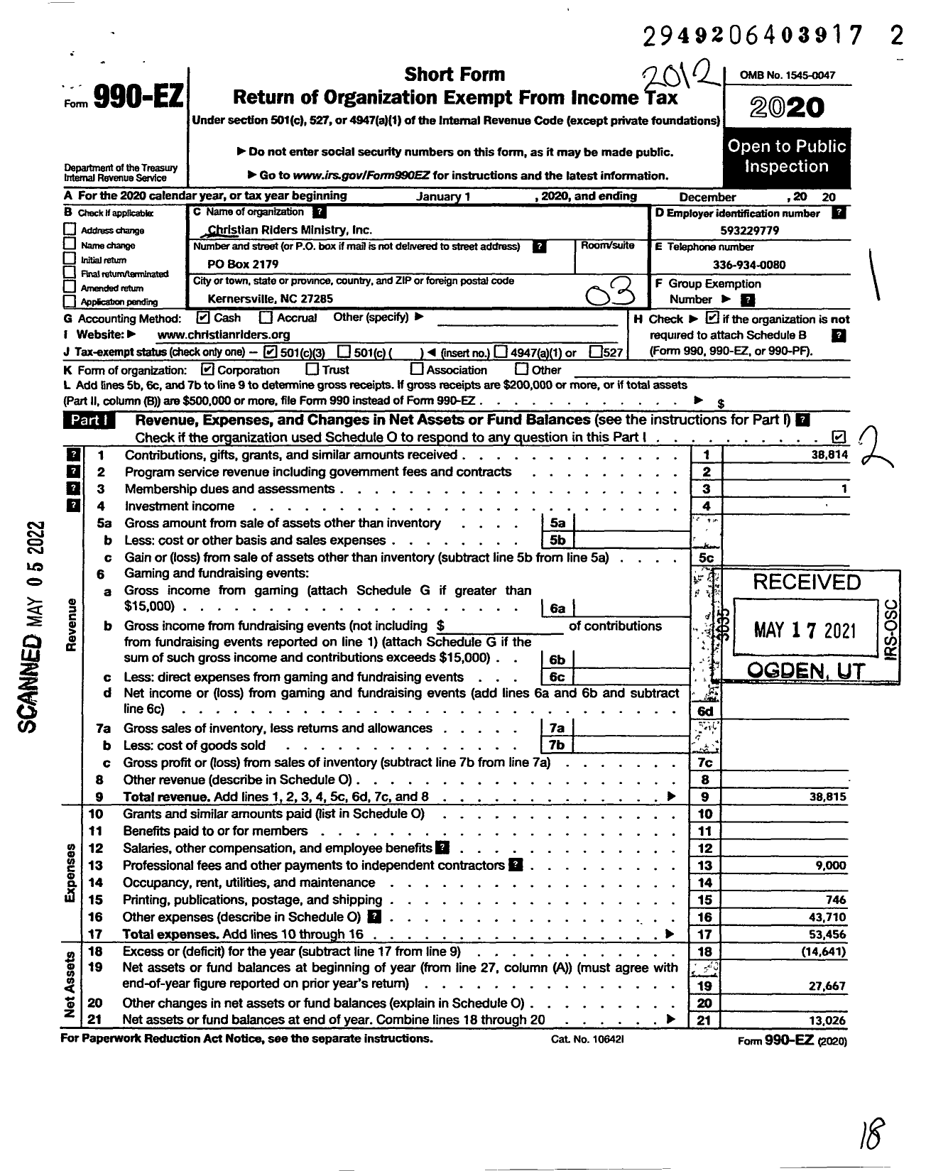 Image of first page of 2020 Form 990EZ for Christian Riders Ministry