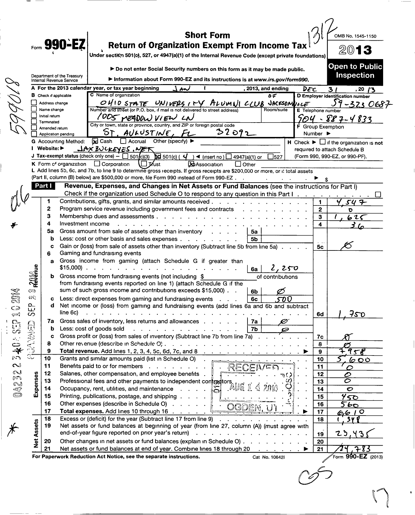 Image of first page of 2013 Form 990EO for Ohio State University Alumni Association / Alumni Club of Jacksonville Florida