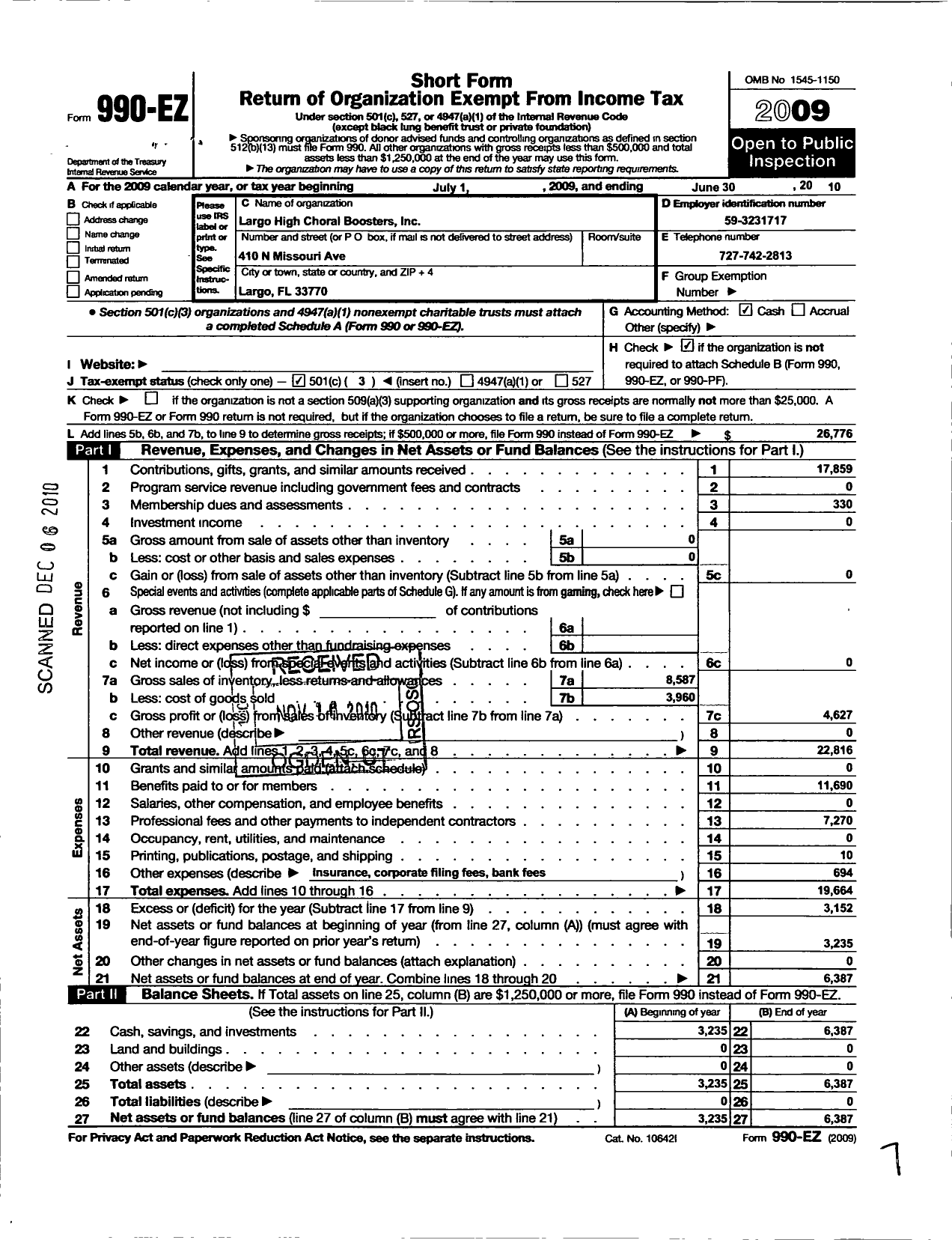 Image of first page of 2009 Form 990EZ for Largo High Choral Boosters