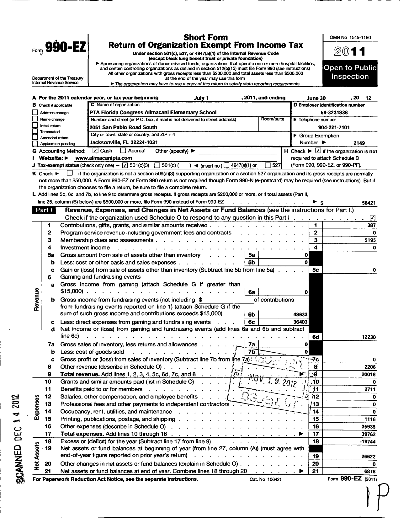 Image of first page of 2011 Form 990EZ for PTA FLORIDA CONGRESS - Alimacani Elementary School