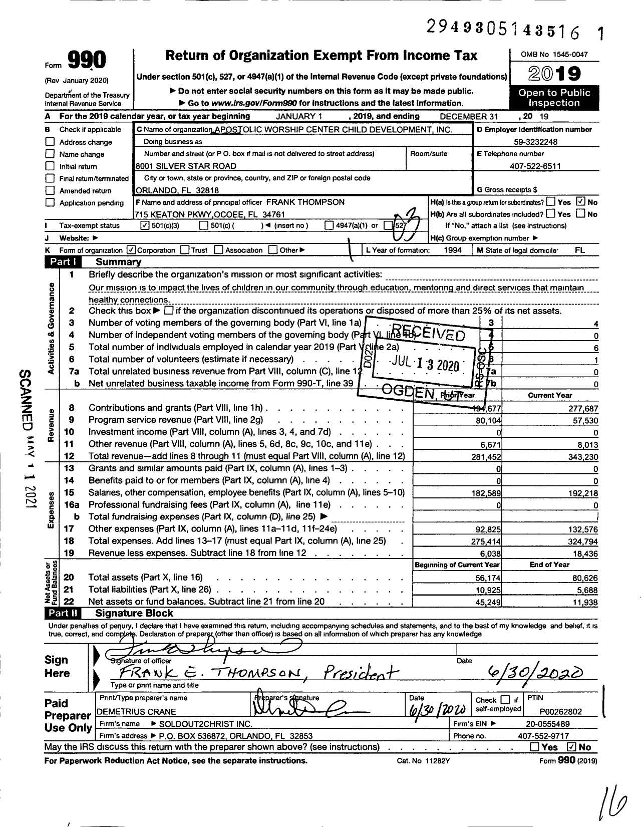 Image of first page of 2019 Form 990 for Apostolic Worship Center Child Development