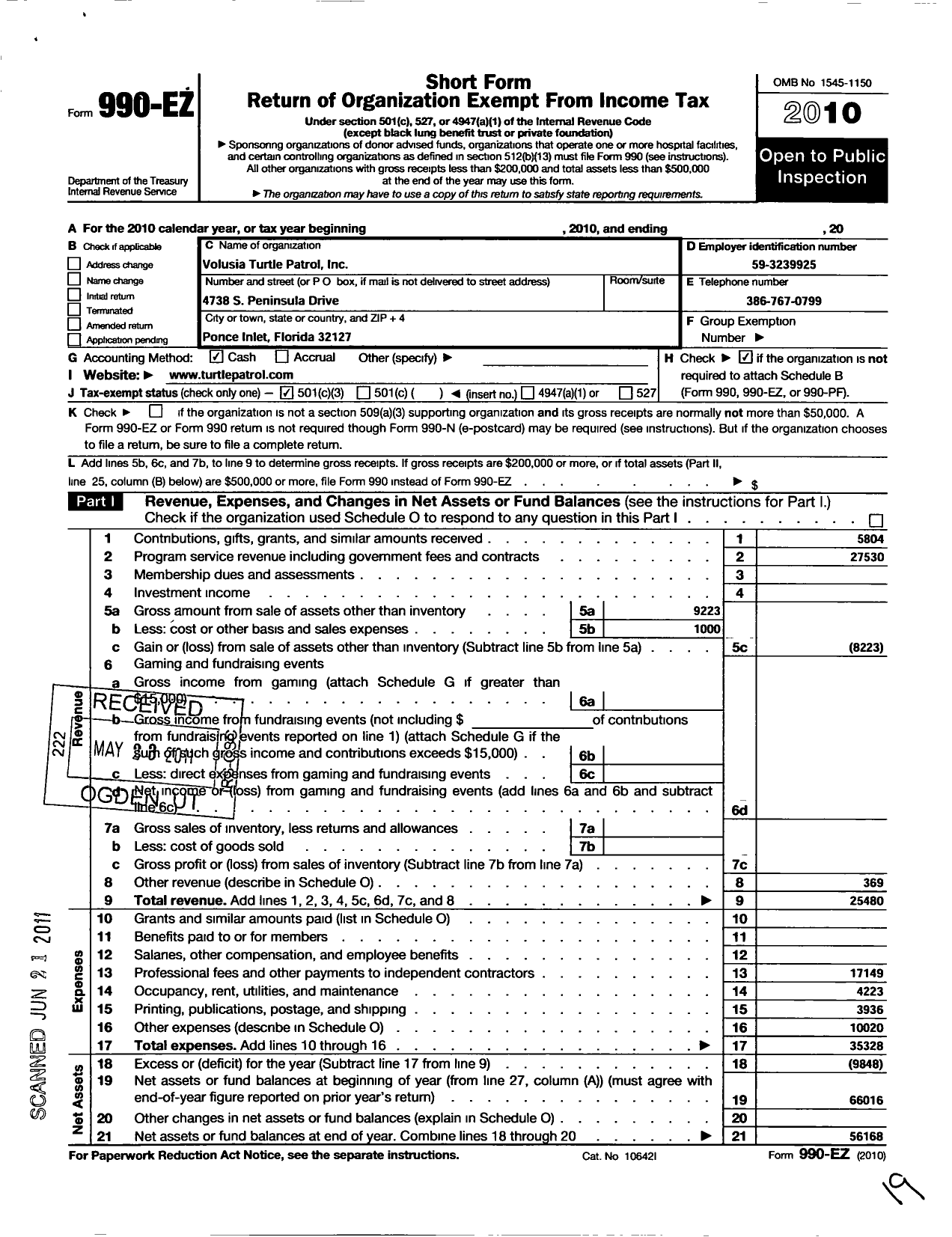 Image of first page of 2010 Form 990EZ for Volusia Turtle Patrol