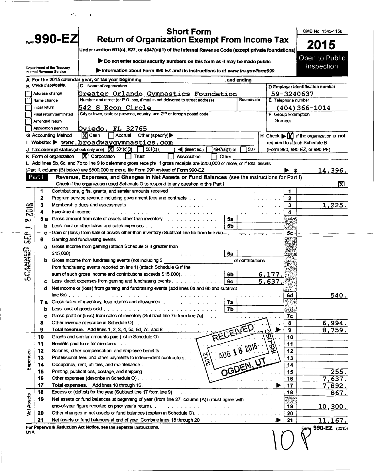 Image of first page of 2015 Form 990EZ for Greater Orlando Gymnastics Foundation