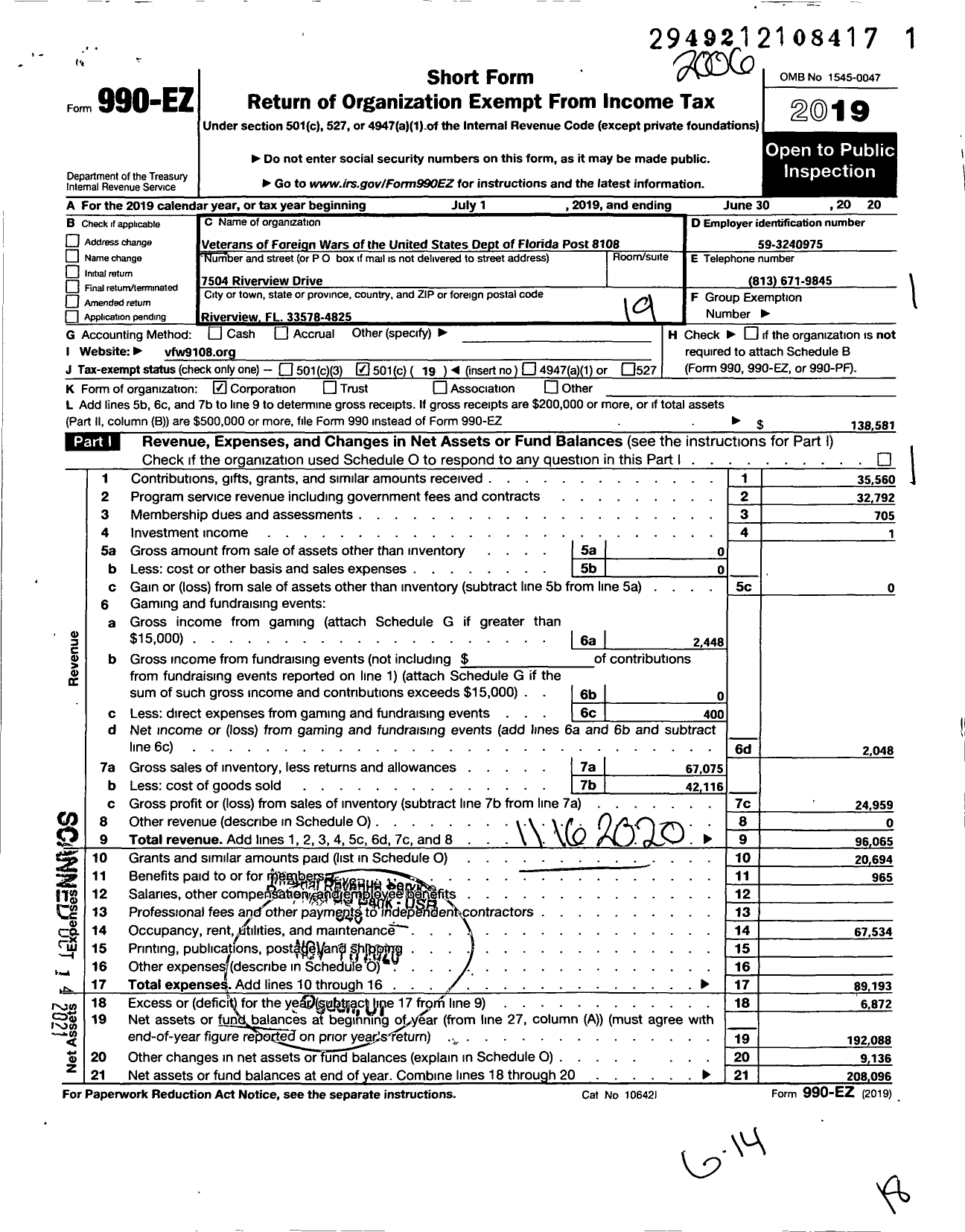 Image of first page of 2019 Form 990EO for VFW Department of Florida - 8108 Post