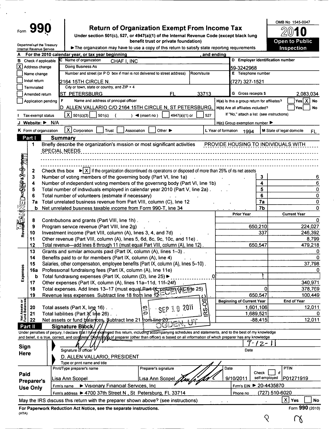 Image of first page of 2010 Form 990 for Contemporary Housing Alternatives / Chaf I