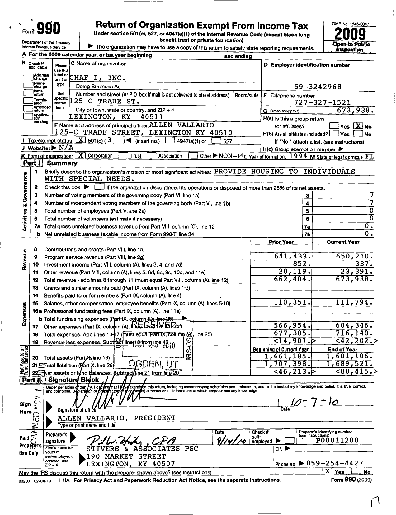 Image of first page of 2009 Form 990 for Contemporary Housing Alternatives / Chaf I