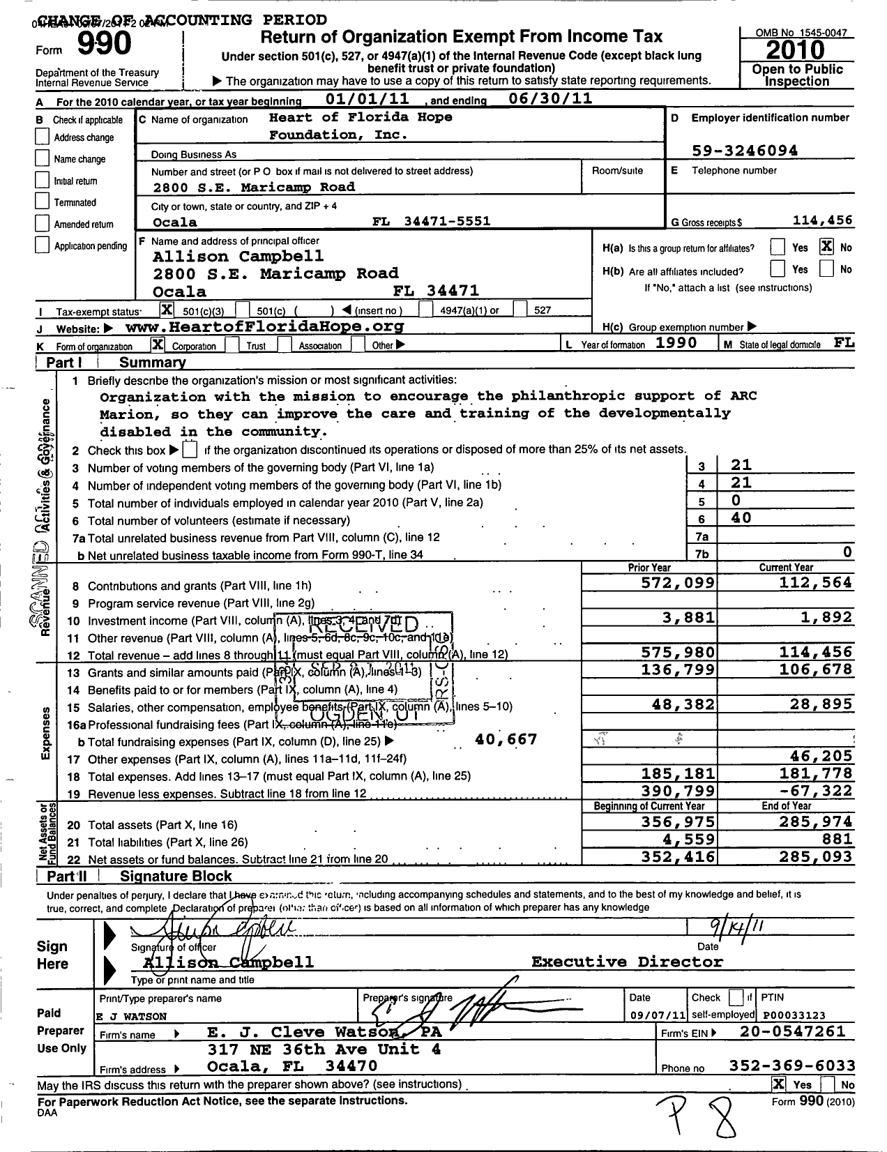 Image of first page of 2010 Form 990 for Arc Marion Foundation