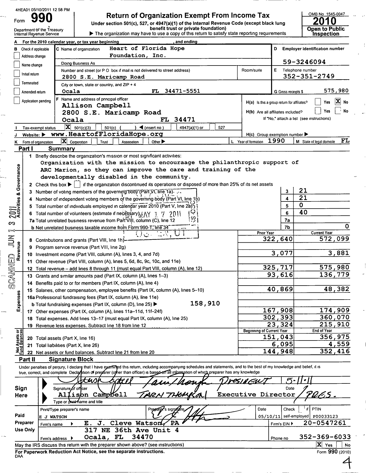 Image of first page of 2010 Form 990 for Arc Marion Foundation