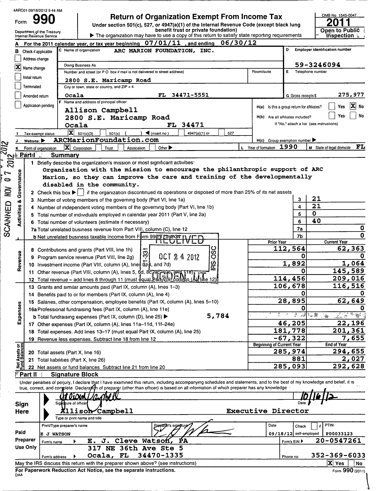 Image of first page of 2011 Form 990 for Arc Marion Foundation