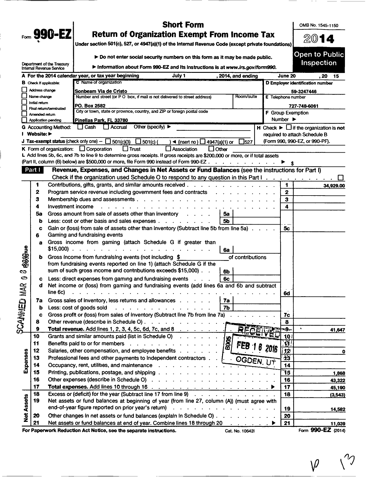 Image of first page of 2014 Form 990EO for Sonbeam Via de Cristo