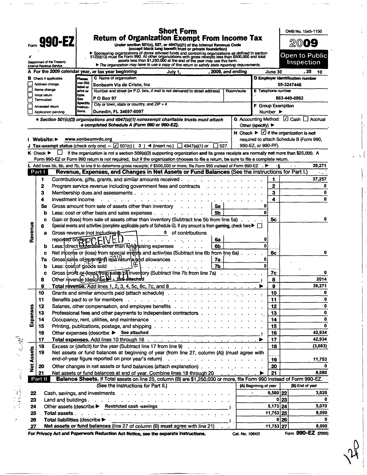 Image of first page of 2009 Form 990EZ for Sonbeam Via de Cristo