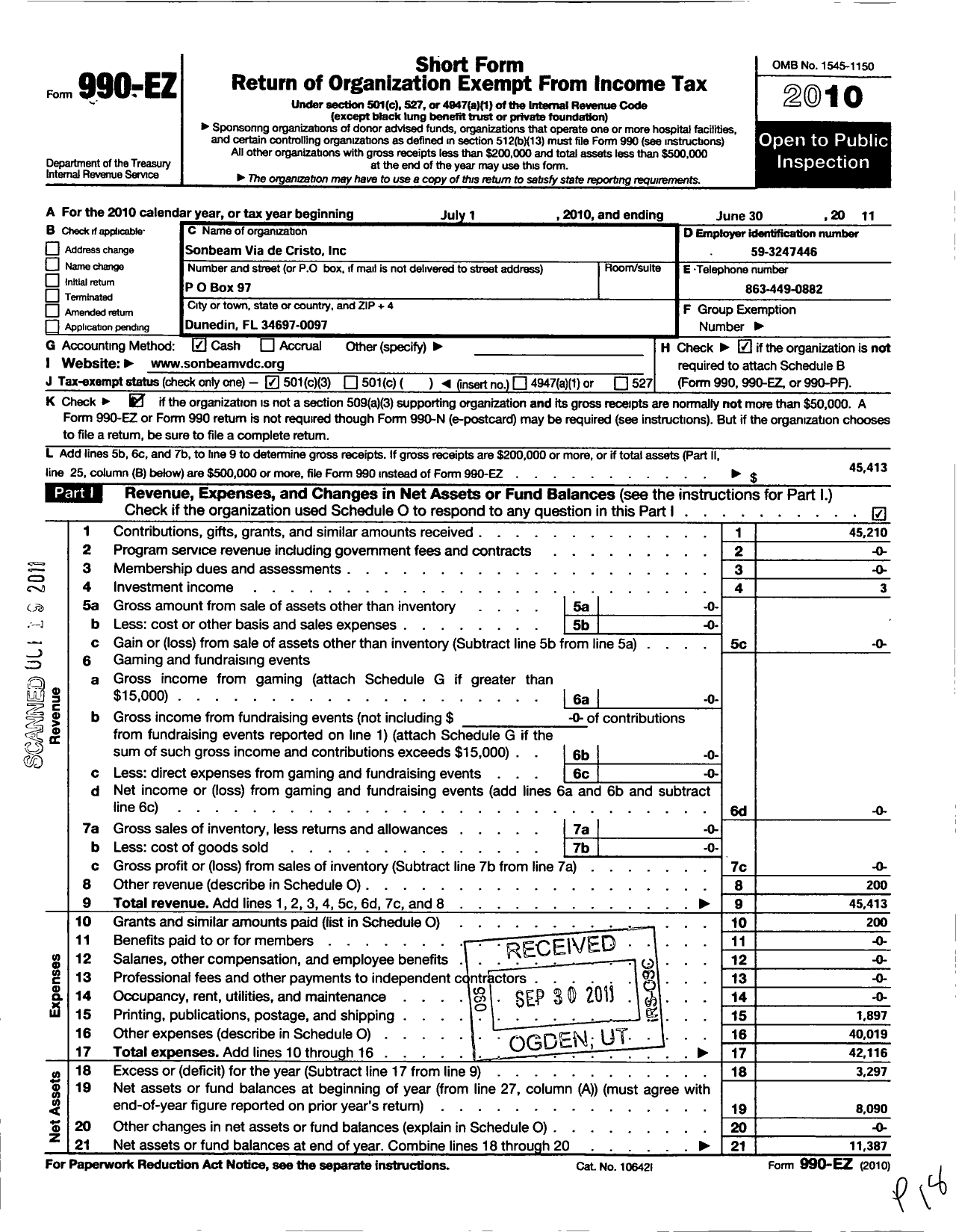 Image of first page of 2010 Form 990EZ for Sonbeam Via de Cristo