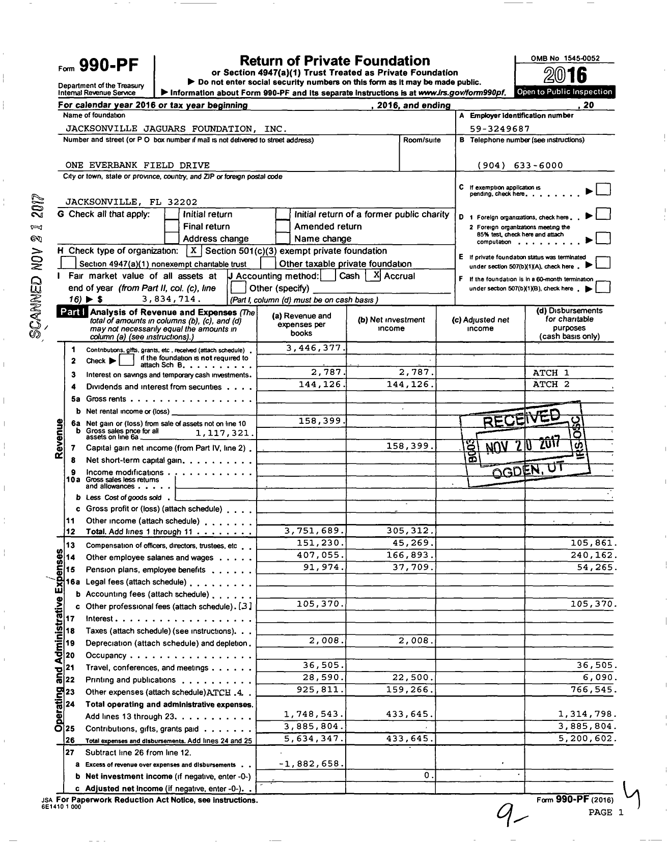 Image of first page of 2016 Form 990PF for Jacksonville Jaguars Foundation