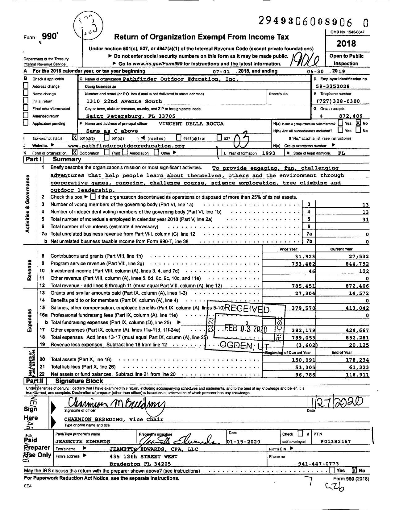 Image of first page of 2018 Form 990 for Pathfinder Outdoor Education