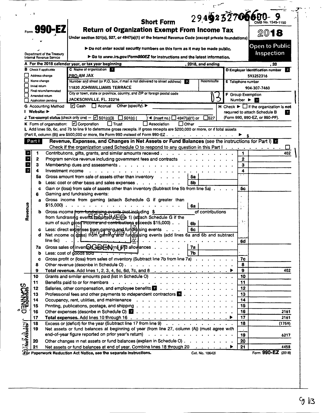 Image of first page of 2018 Form 990EZ for Pro-Am Jax