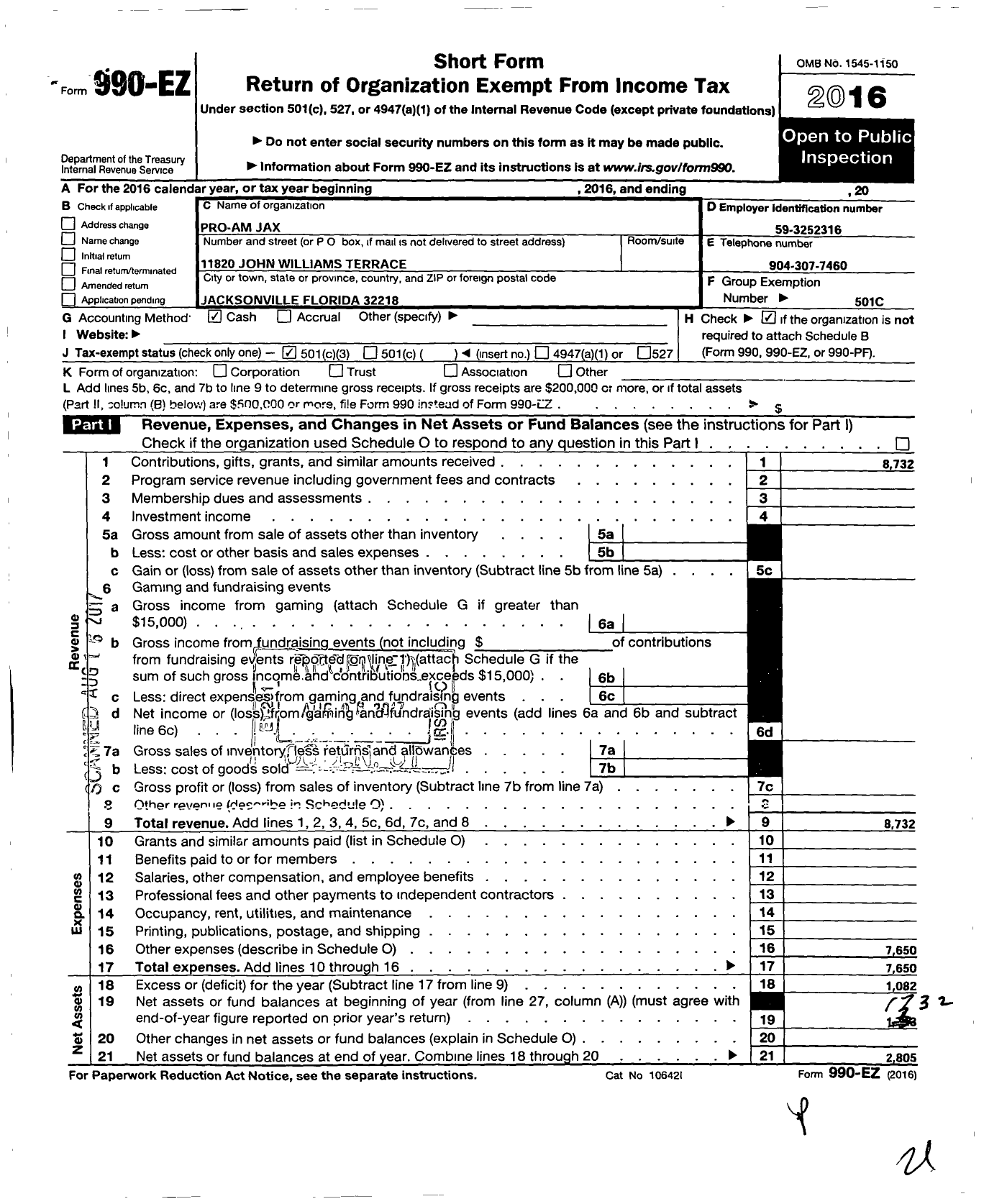 Image of first page of 2016 Form 990EZ for Pro-Am Jax