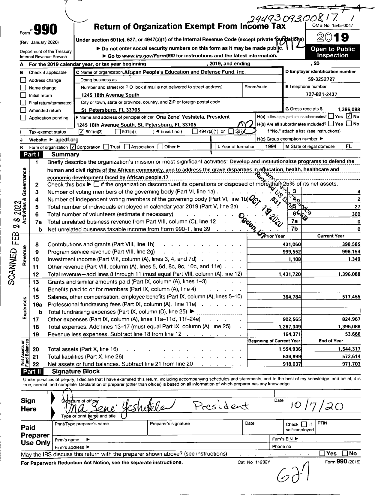 Image of first page of 2019 Form 990 for African People's Education and Defense Fund (APEDF)