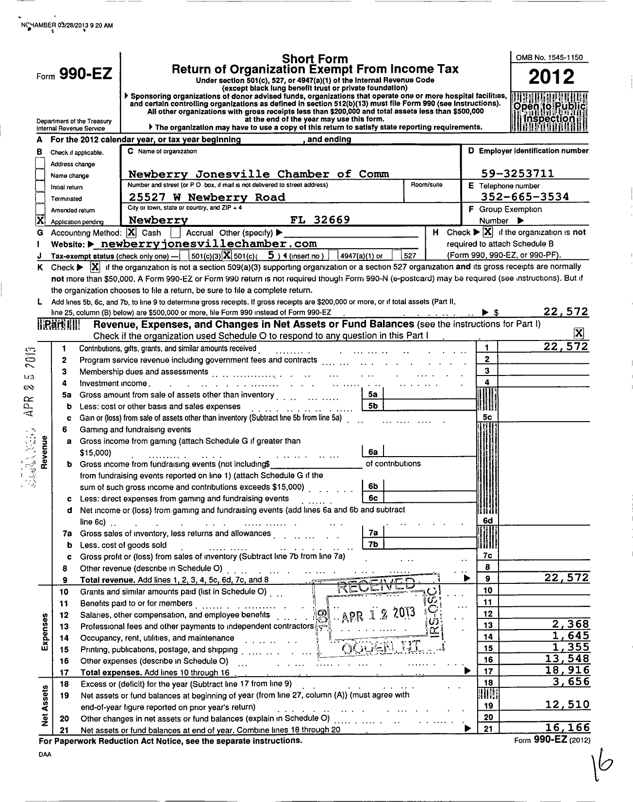 Image of first page of 2012 Form 990EO for Newberry Area Chamber of Commerce