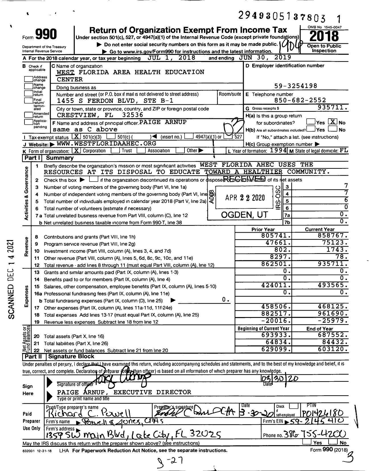 Image of first page of 2018 Form 990 for West Florida Area Health Education Center