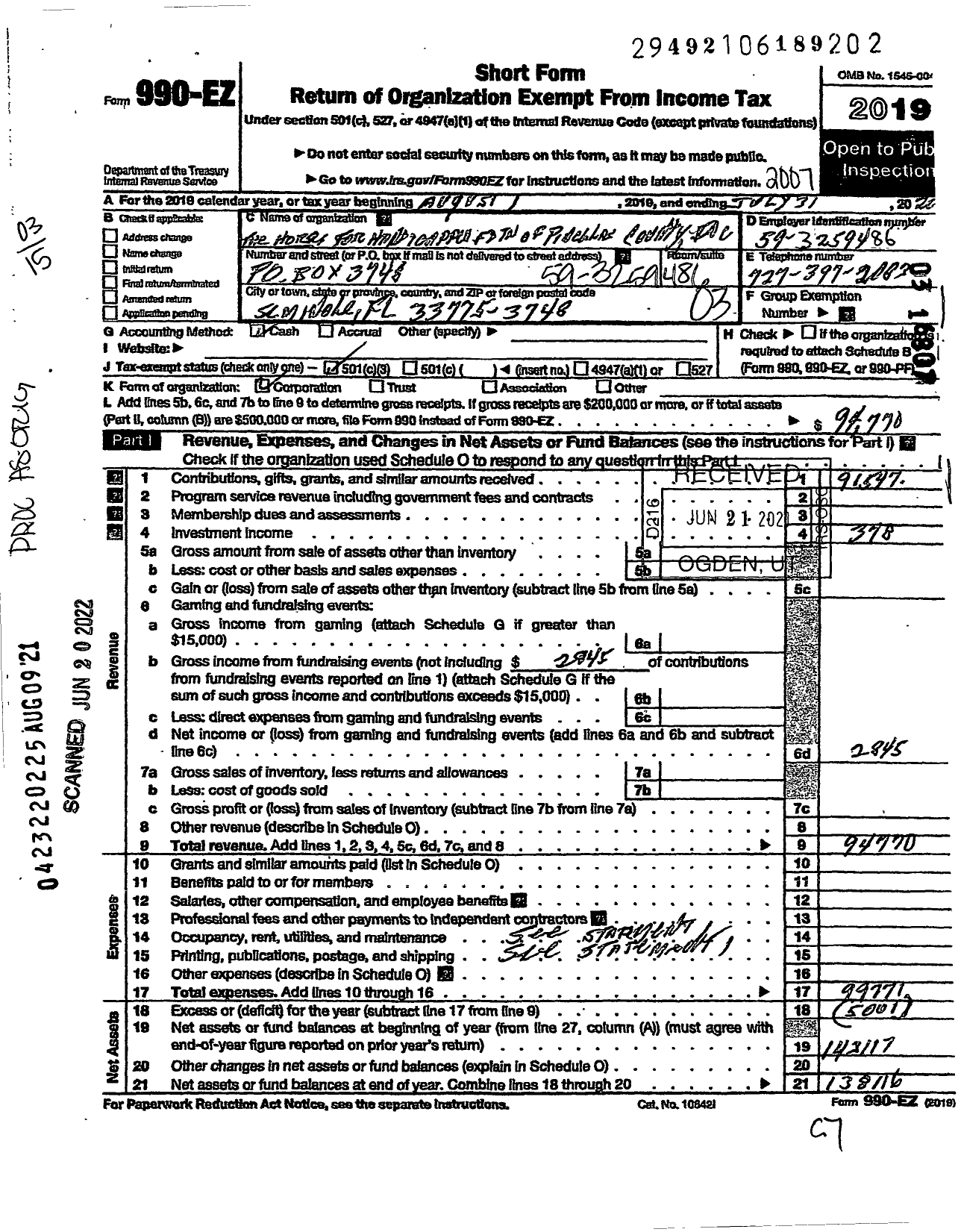 Image of first page of 2019 Form 990EZ for The Horses for Handicapped