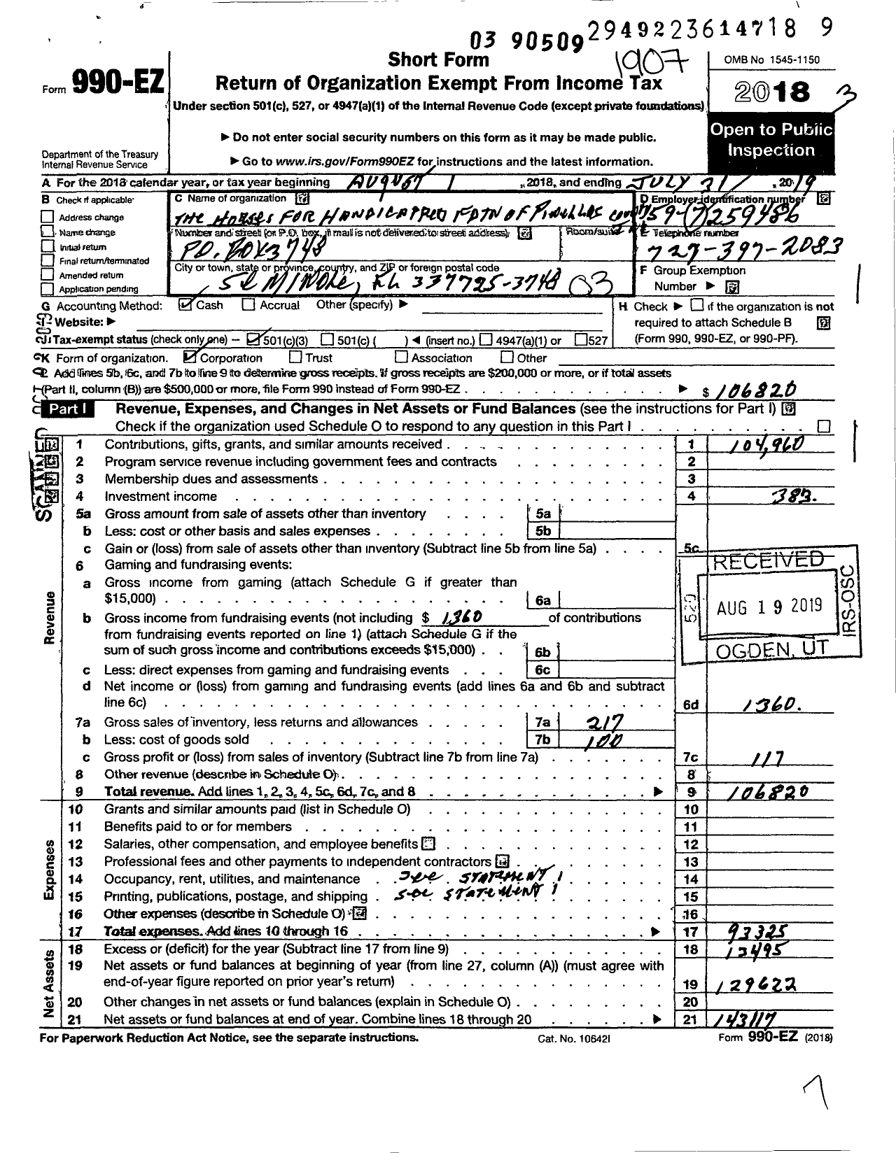 Image of first page of 2018 Form 990EZ for The Horses for Handicapped