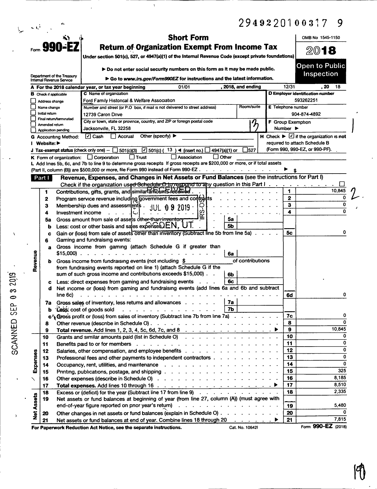 Image of first page of 2018 Form 990EO for Ford Family Historical and Welfare Association Copr