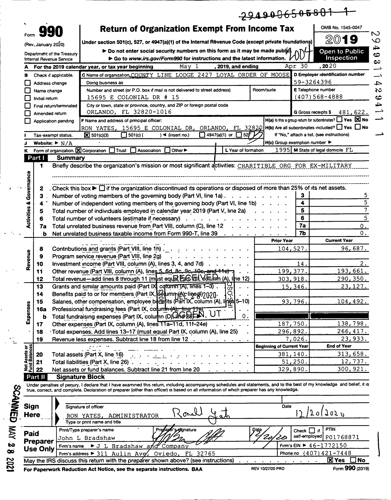 Image of first page of 2019 Form 990 for Loyal Order of Moose - 2427