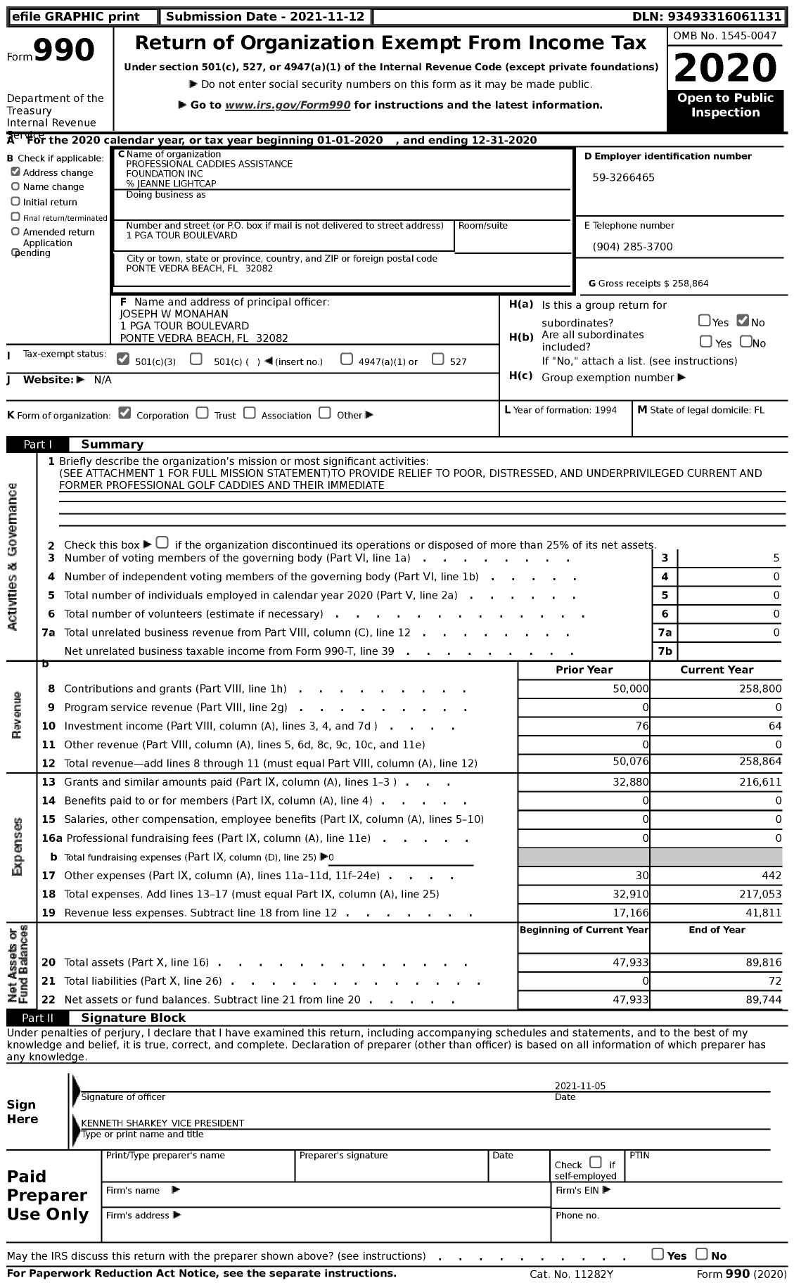 Image of first page of 2020 Form 990 for Professional Caddies Assistance Foundation