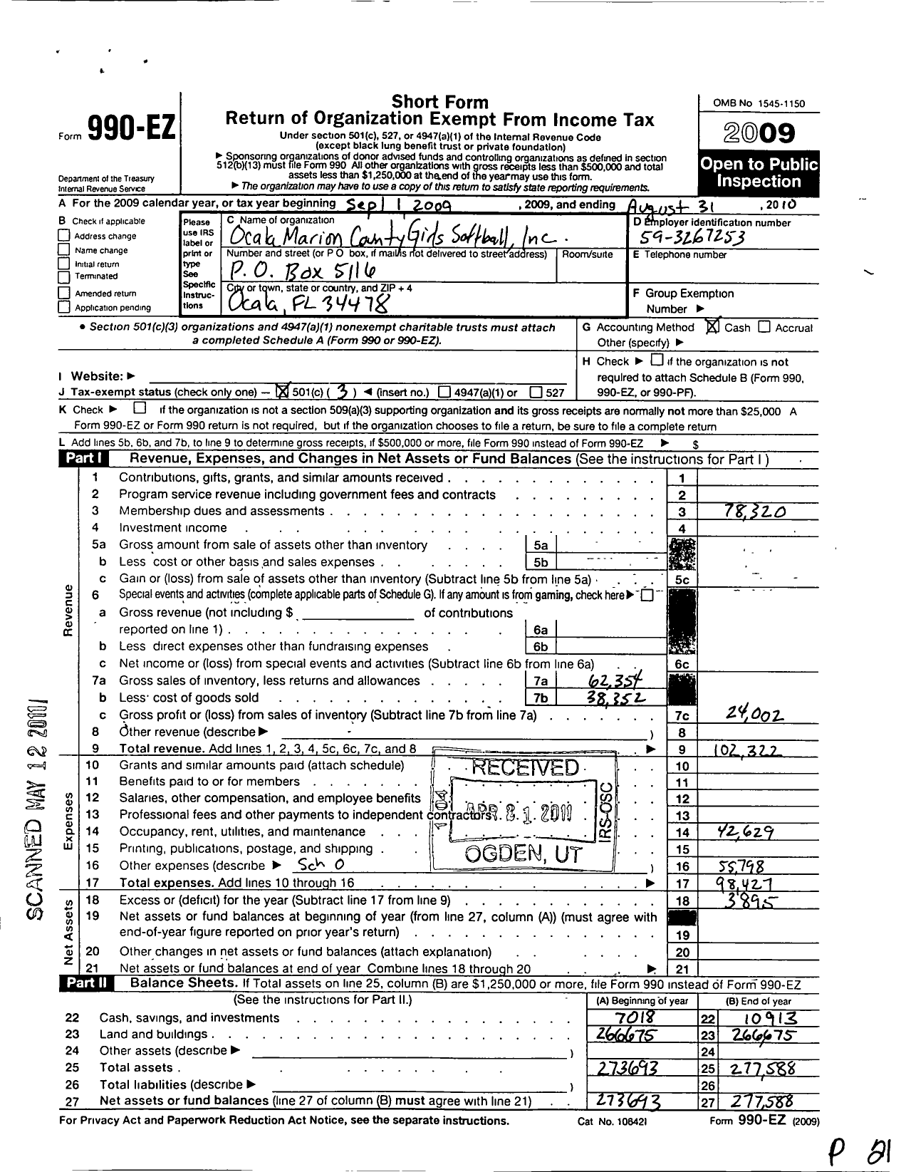 Image of first page of 2009 Form 990EZ for Ocala Marion County Girls Soft