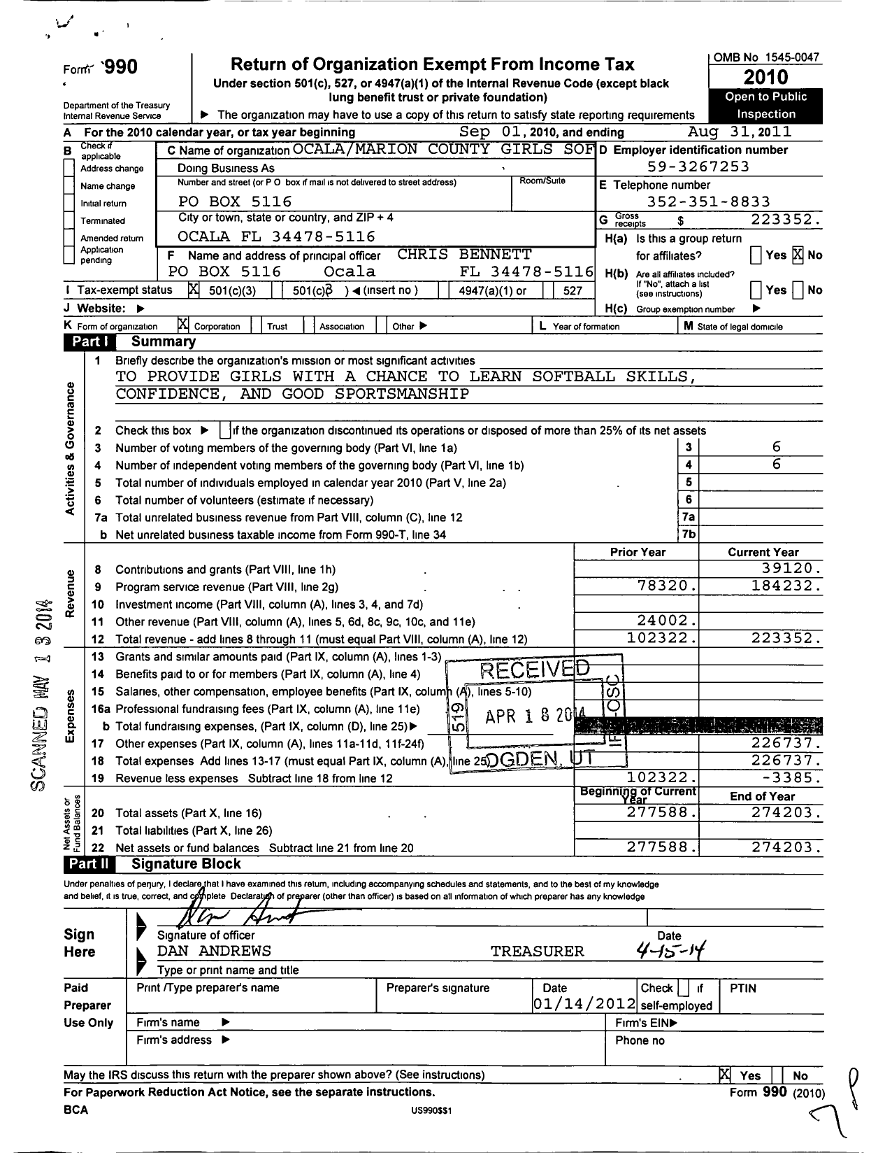 Image of first page of 2010 Form 990 for Ocala Marion County Girls Soft