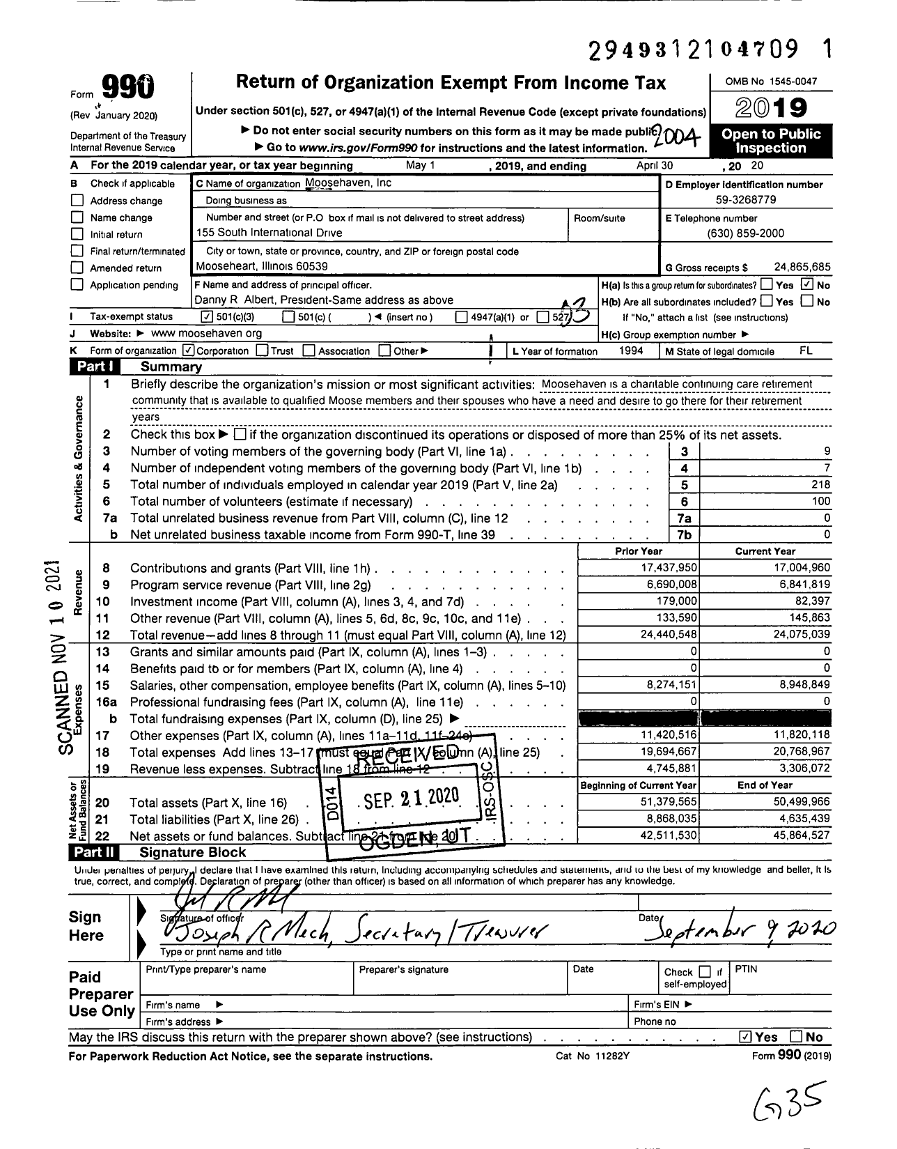 Image of first page of 2019 Form 990 for Moosehaven