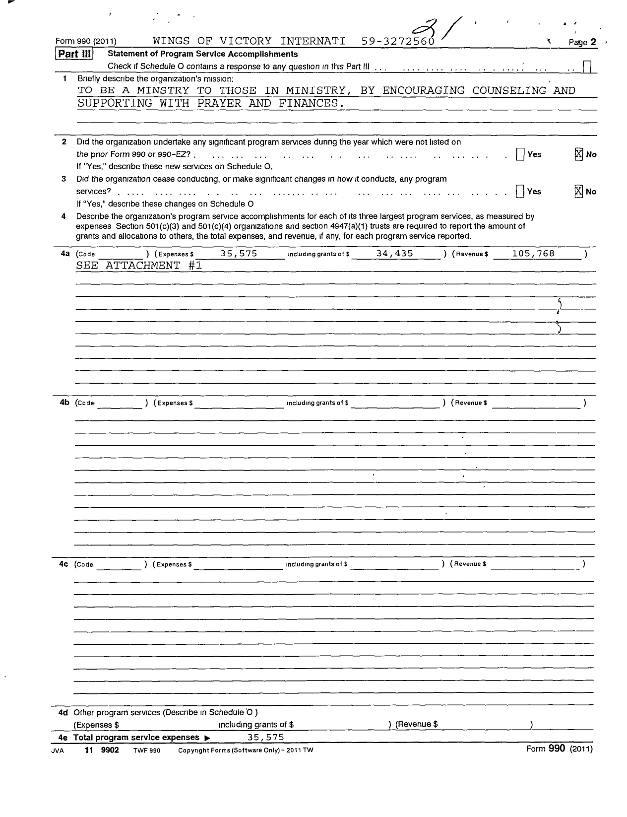 Image of first page of 2011 Form 990R for Wings of Victory International