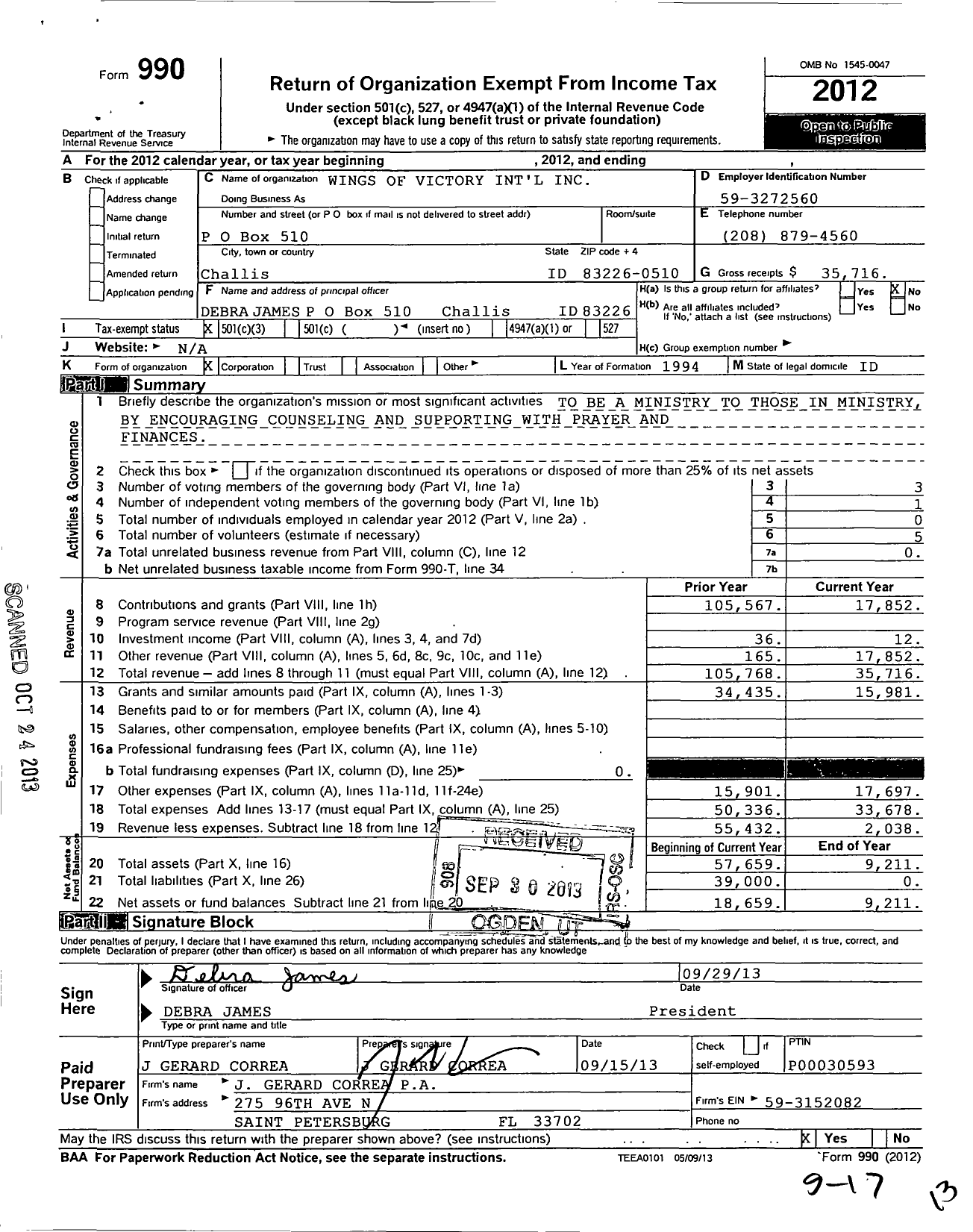 Image of first page of 2012 Form 990 for Wings of Victory International