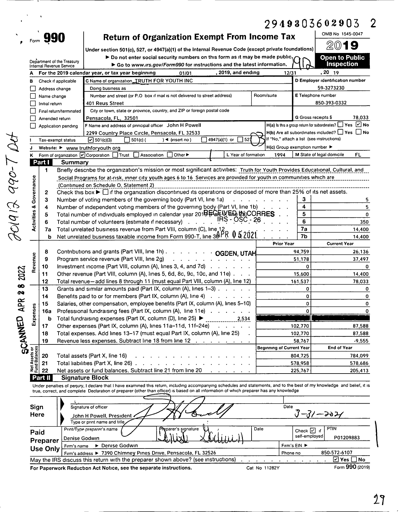 Image of first page of 2019 Form 990 for Truth for Youth