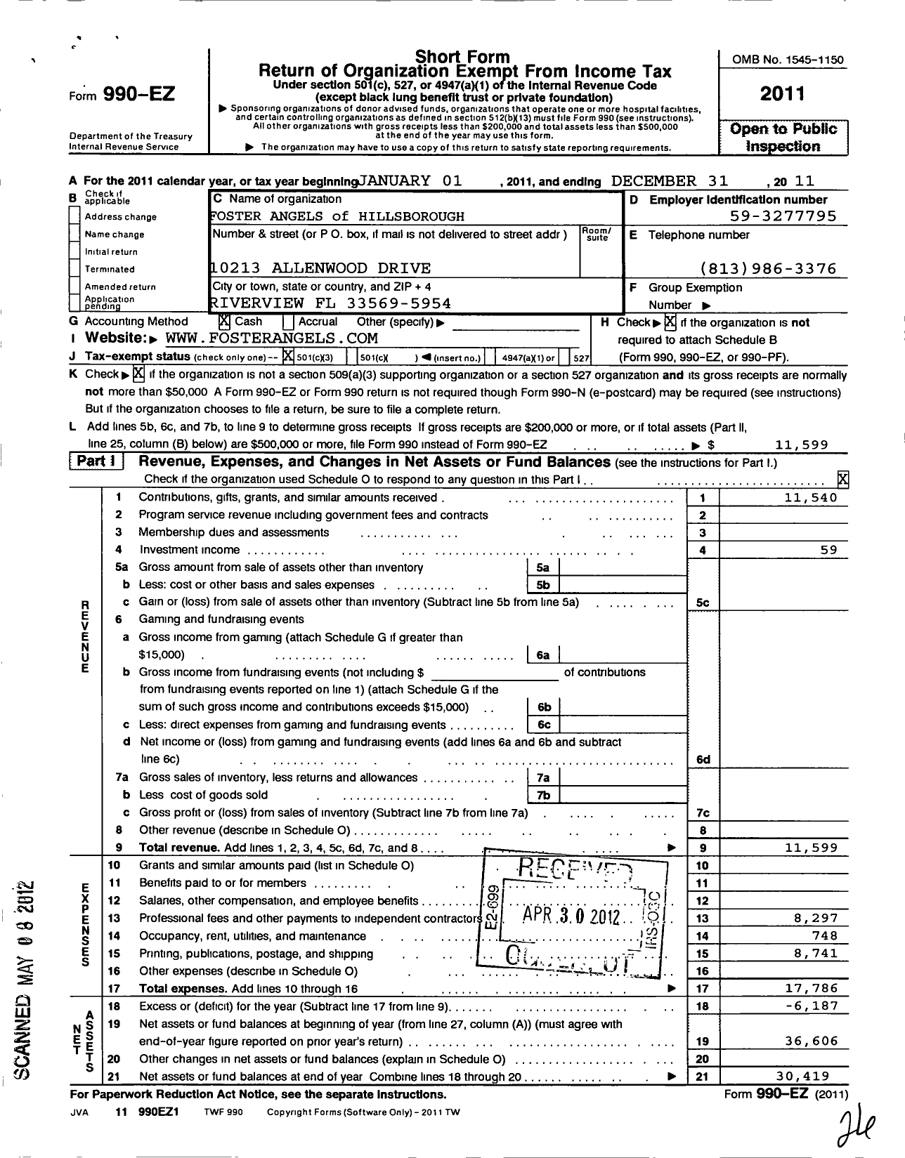 Image of first page of 2011 Form 990EZ for Foster Angels of Hillsborough