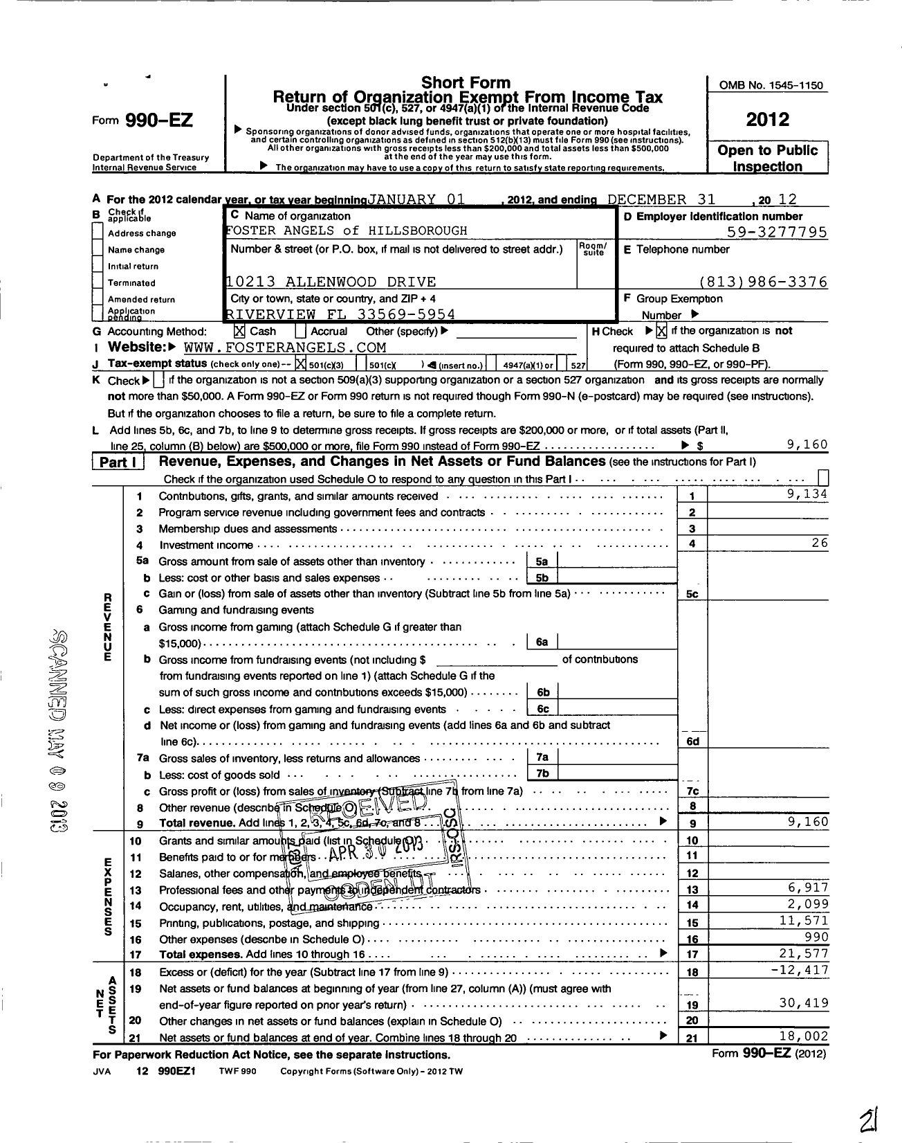 Image of first page of 2012 Form 990EZ for Foster Angels of Hillsborough