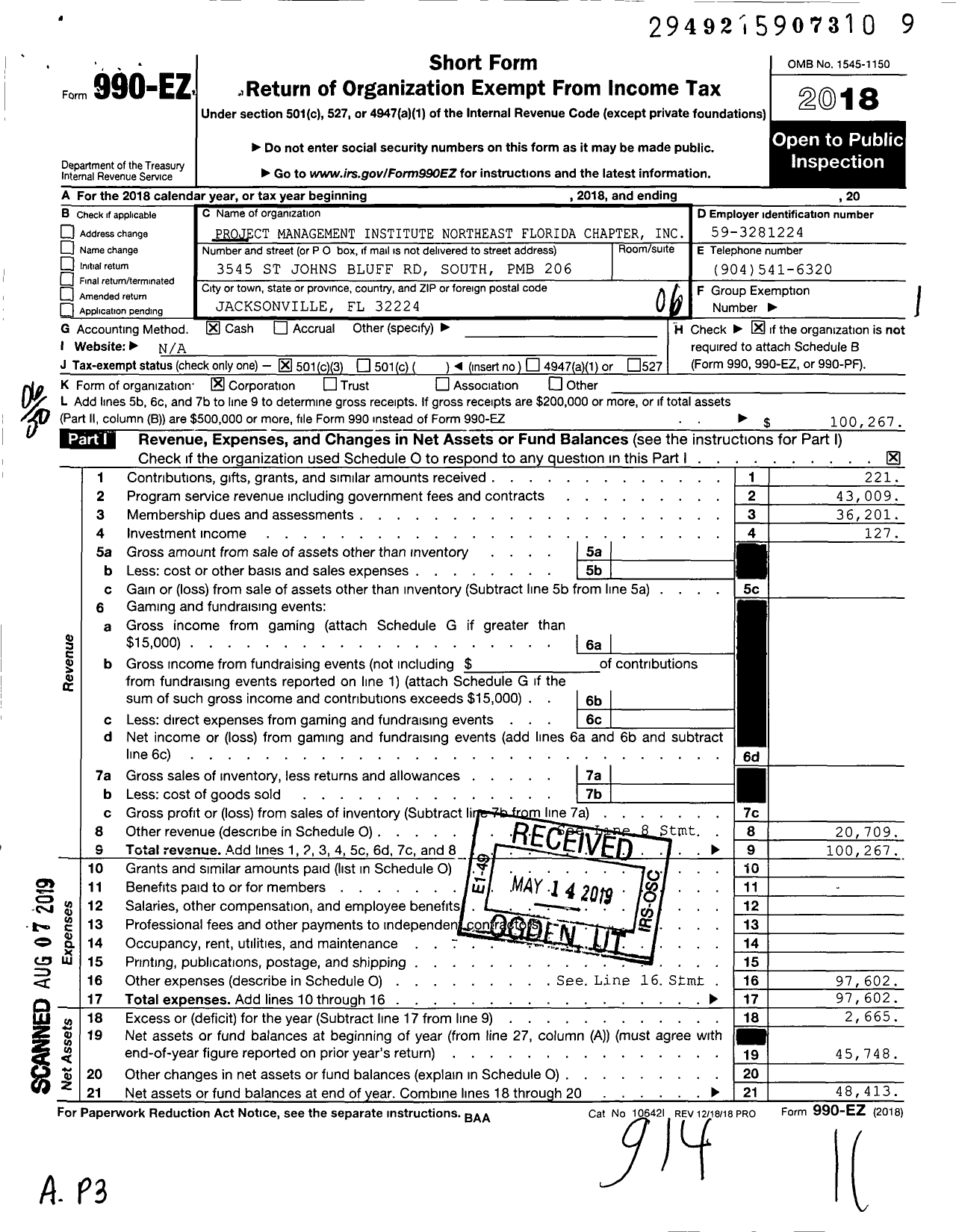 Image of first page of 2018 Form 990EO for Project Management Institute Northeast Florida Chapter