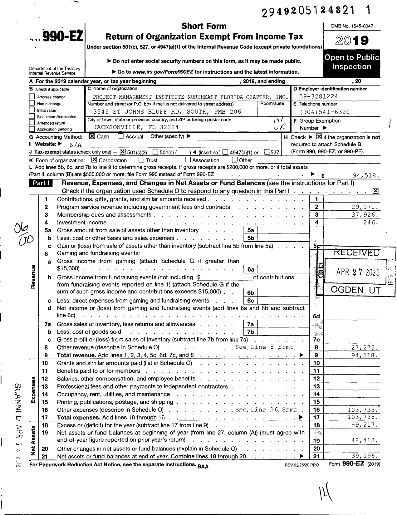 Image of first page of 2019 Form 990EO for Project Management Institute Northeast Florida Chapter