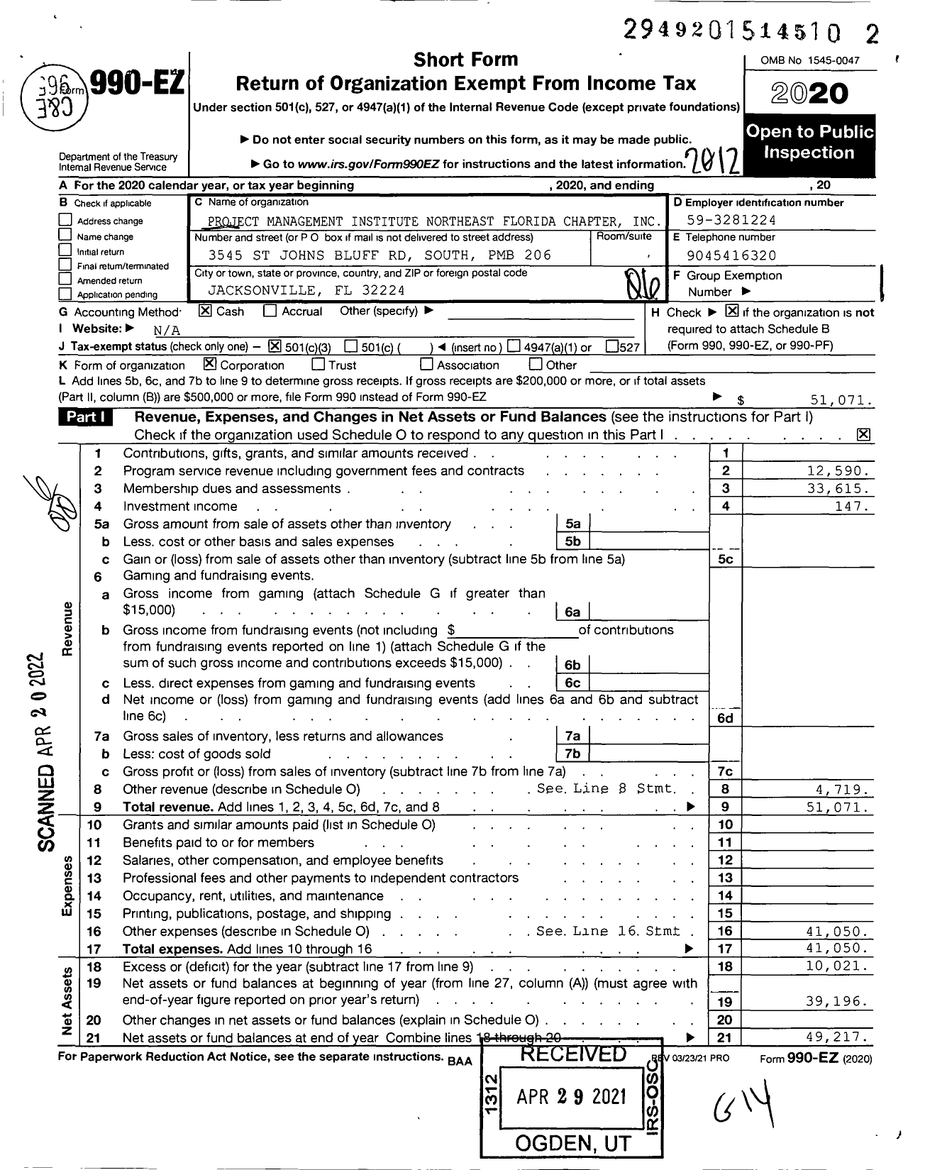 Image of first page of 2020 Form 990EO for Project Management Institute Northeast Florida Chapter