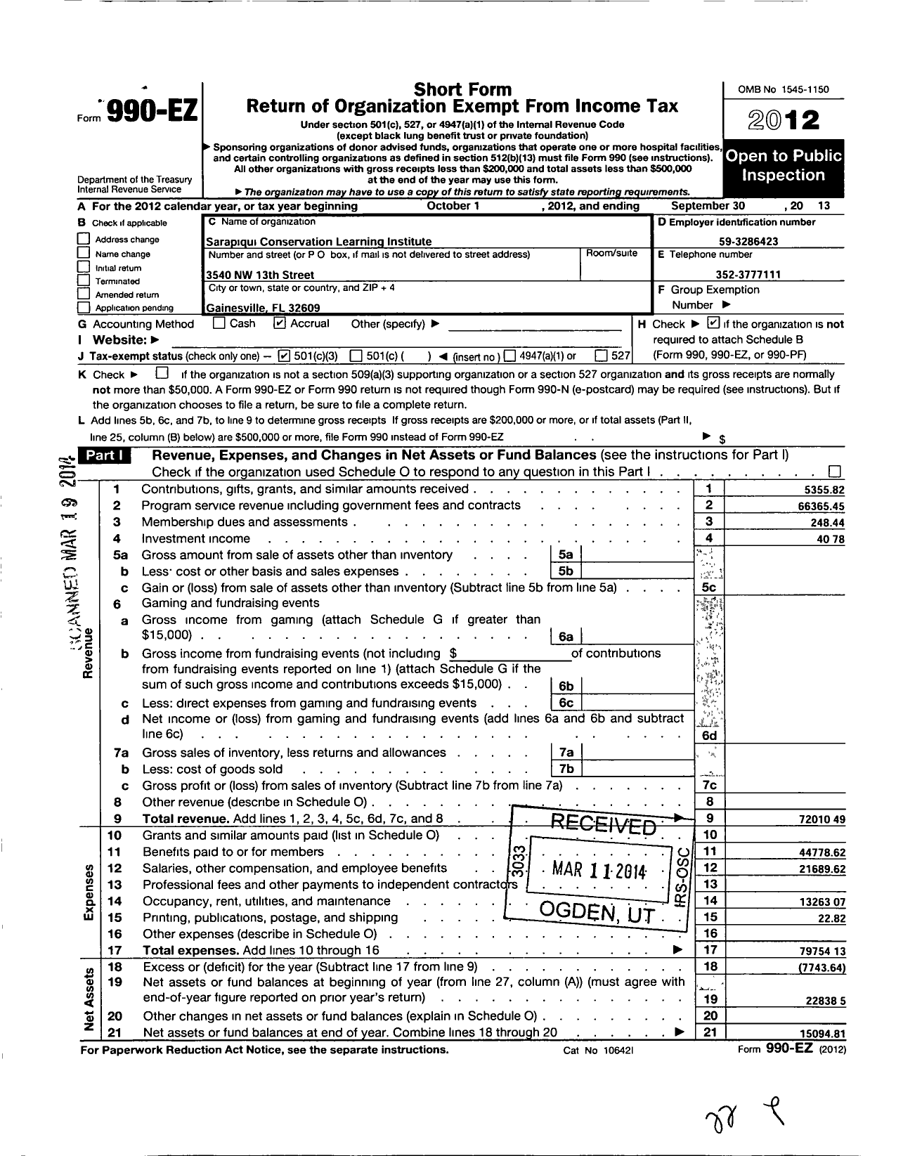 Image of first page of 2012 Form 990EZ for Sarapiqui Conservation Learning Institute