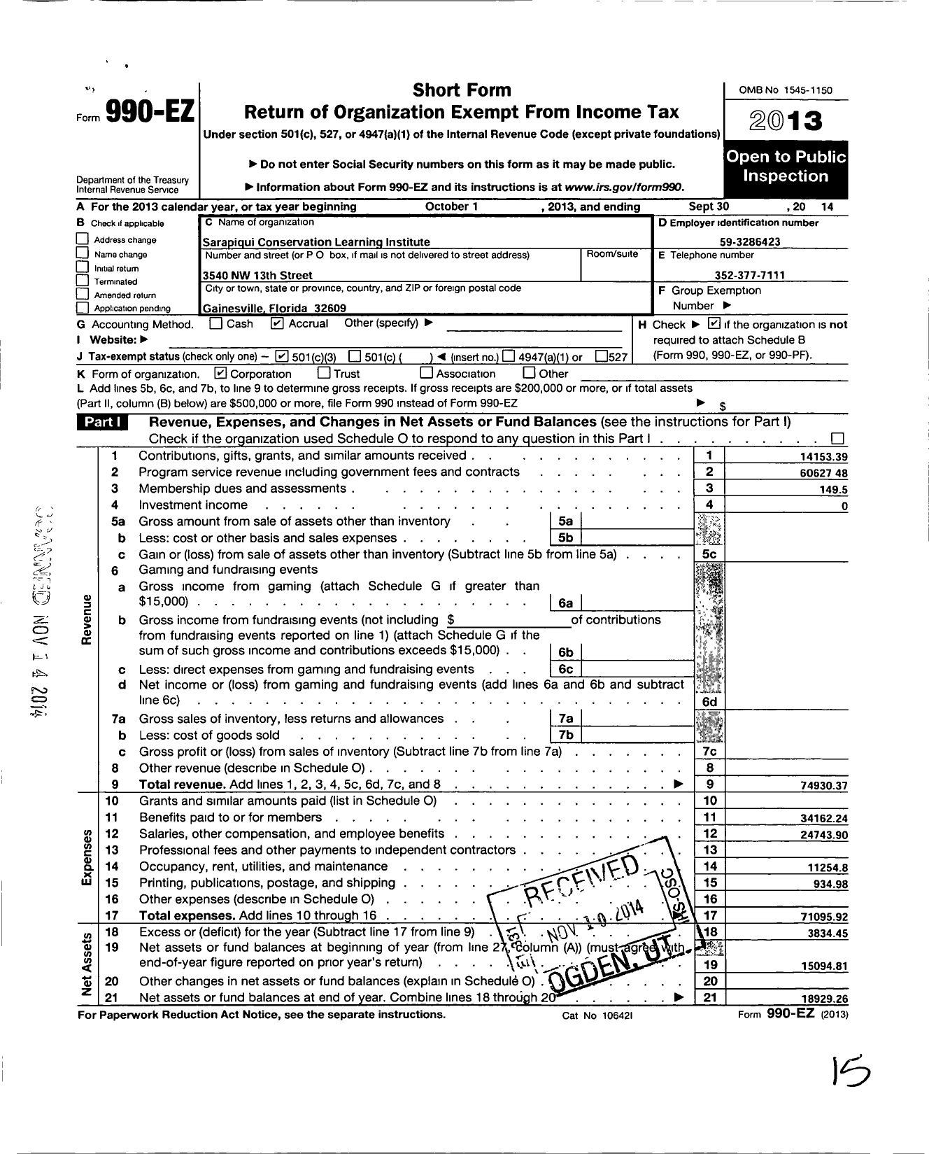 Image of first page of 2013 Form 990EZ for Sarapiqui Conservation Learning Institute