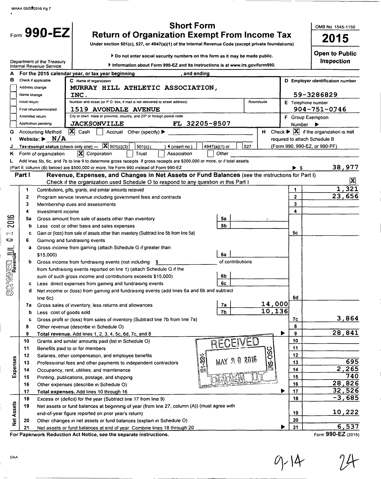 Image of first page of 2015 Form 990EZ for Murray Hill Athletic Association