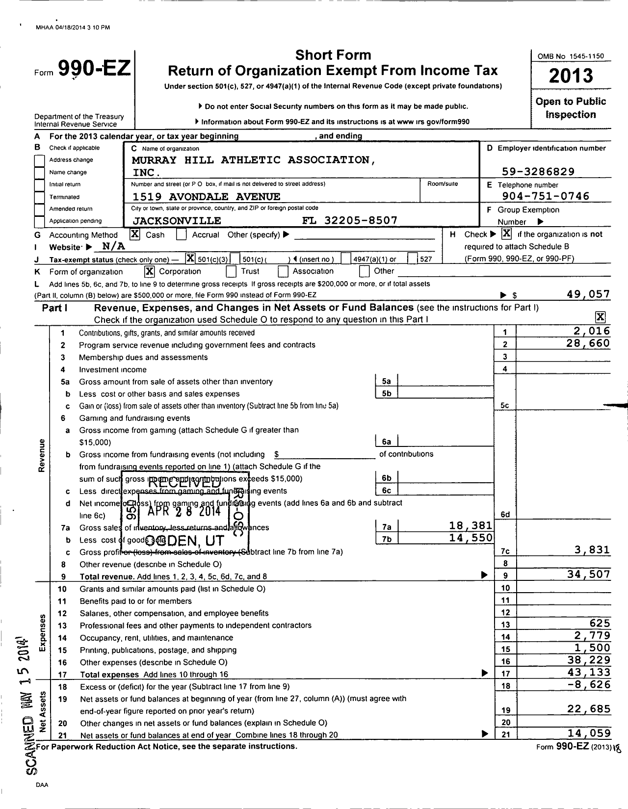 Image of first page of 2013 Form 990EZ for Murray Hill Athletic Association