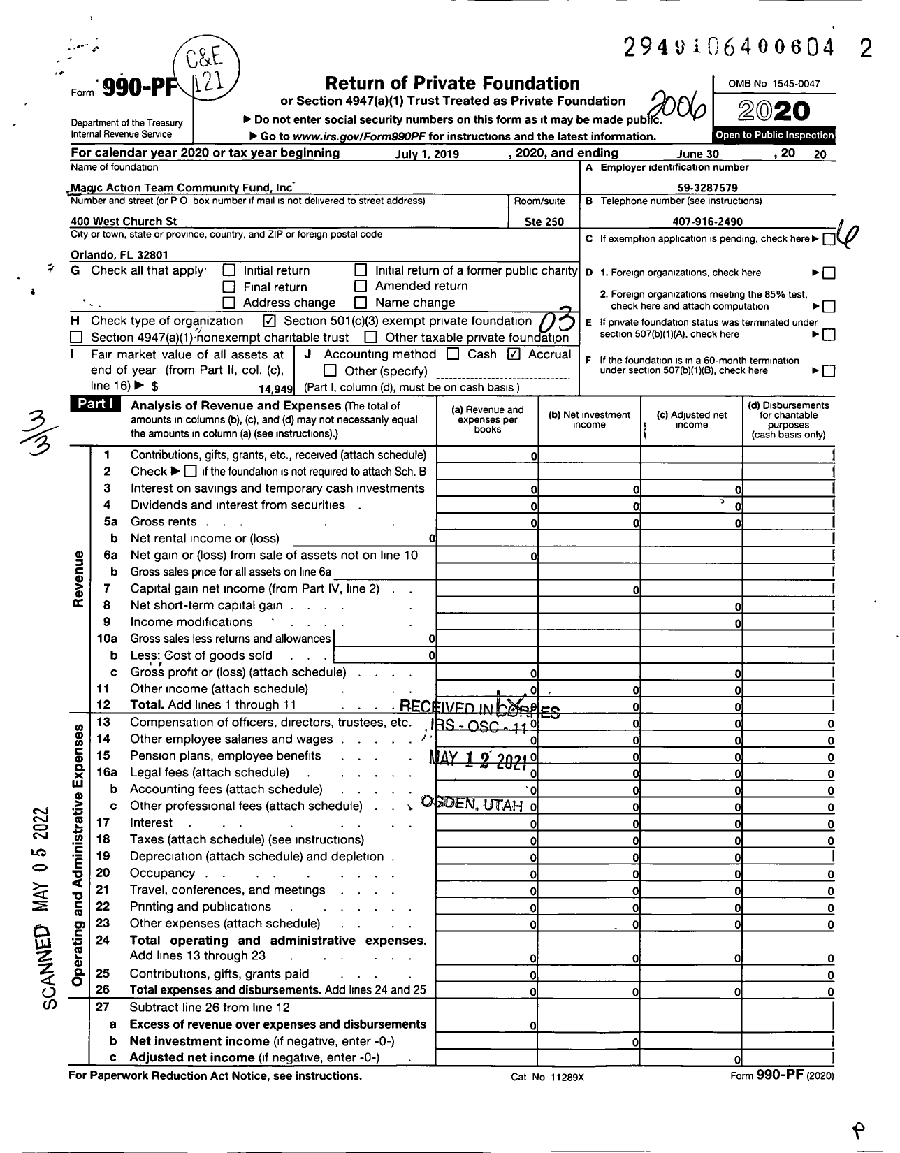 Image of first page of 2019 Form 990PF for Magic Action Team Community Fund